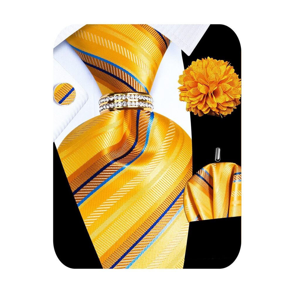 5085 5PCS Gold Striped Silk Designer Tie, Pocket Square, Cufflinks, Drilled